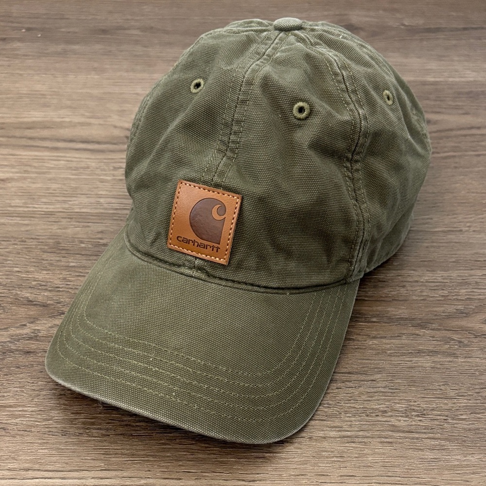 Carhartt Olive Canvas Leather-Logo Patch Adjustable SnapBack Ball Cap BOGO